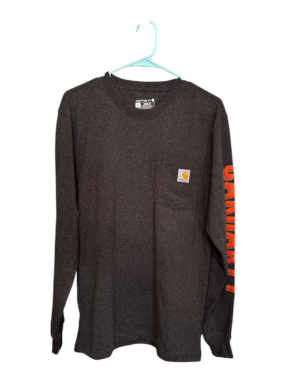 Carhartt Dark Gray Long Sleeve Pocket Tee with Orange Sleeve Logo